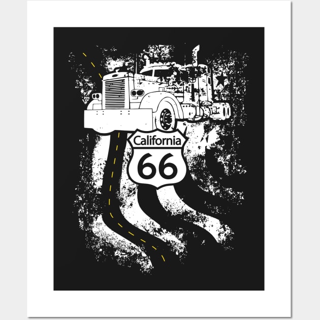 California Route 66 Big Rig Truck and American Flag Wall Art by Xeire
